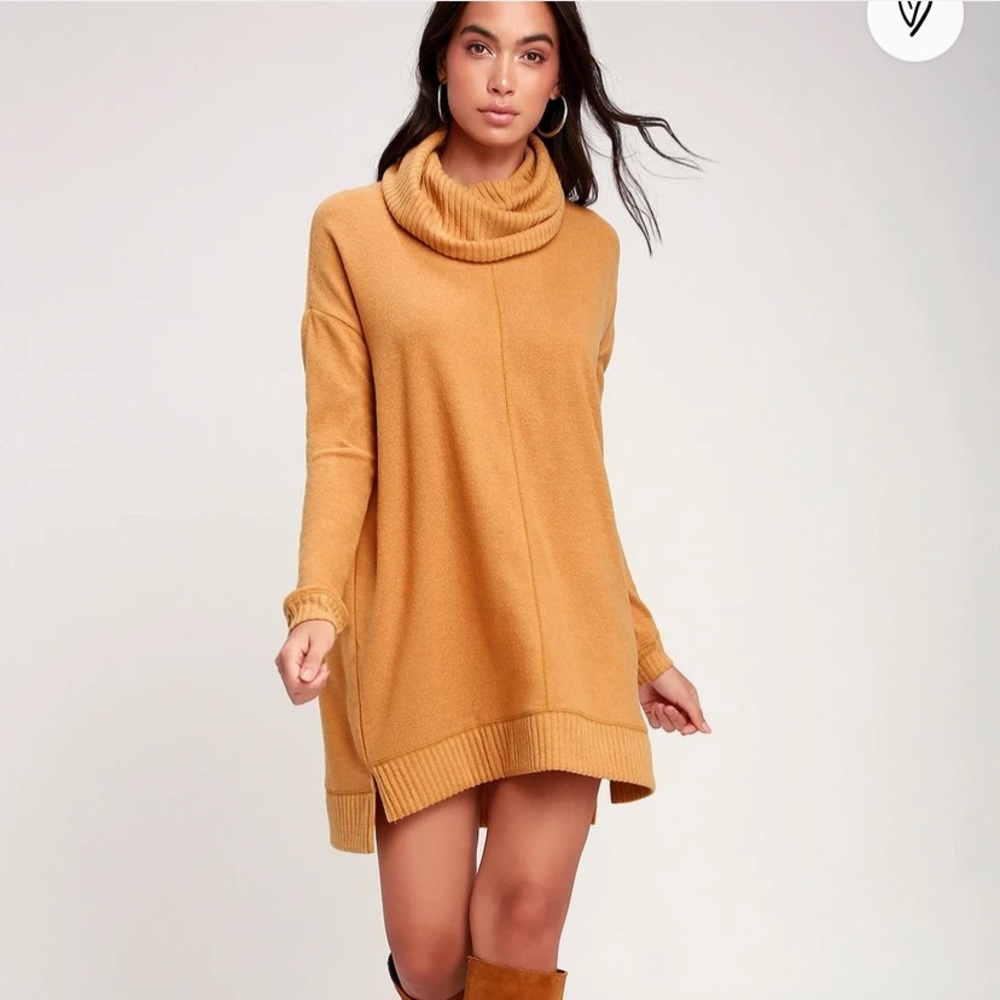 Camel cowl neck long sleeve sweater dress